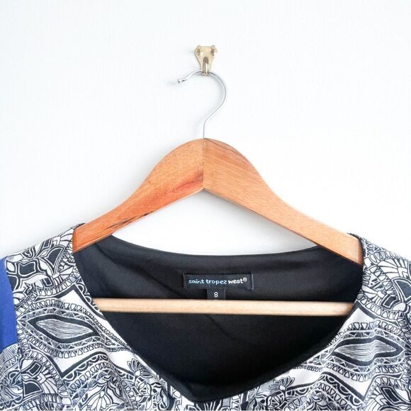 Saint Tropez West Dress Blue Black White Floral Sleeve Detail Women's 8 Stretch - Picture 3 of 8